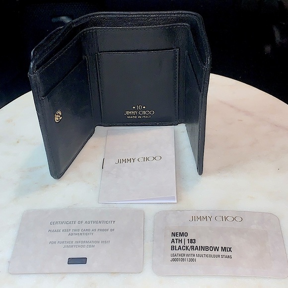 JIMMY CHOO NEMO BLACK RAINBOW STAR MIX TRIFOLD WALLET RARE LEATHER - Picture 9 of 15